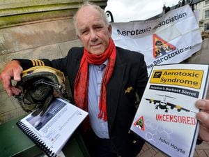 BORDER COPYRIGHT SHROPSHIRE STAR STEVE LEATH 24/06/2021..Pic in Oswestry of former Pilot: John Hoyte. He is on the campaign and has written a book about Aerotoxic Syndrome that pilots get from breathing in toxins from the recirculated air in planes. He used to fly in Shropshire, spraying the crops..