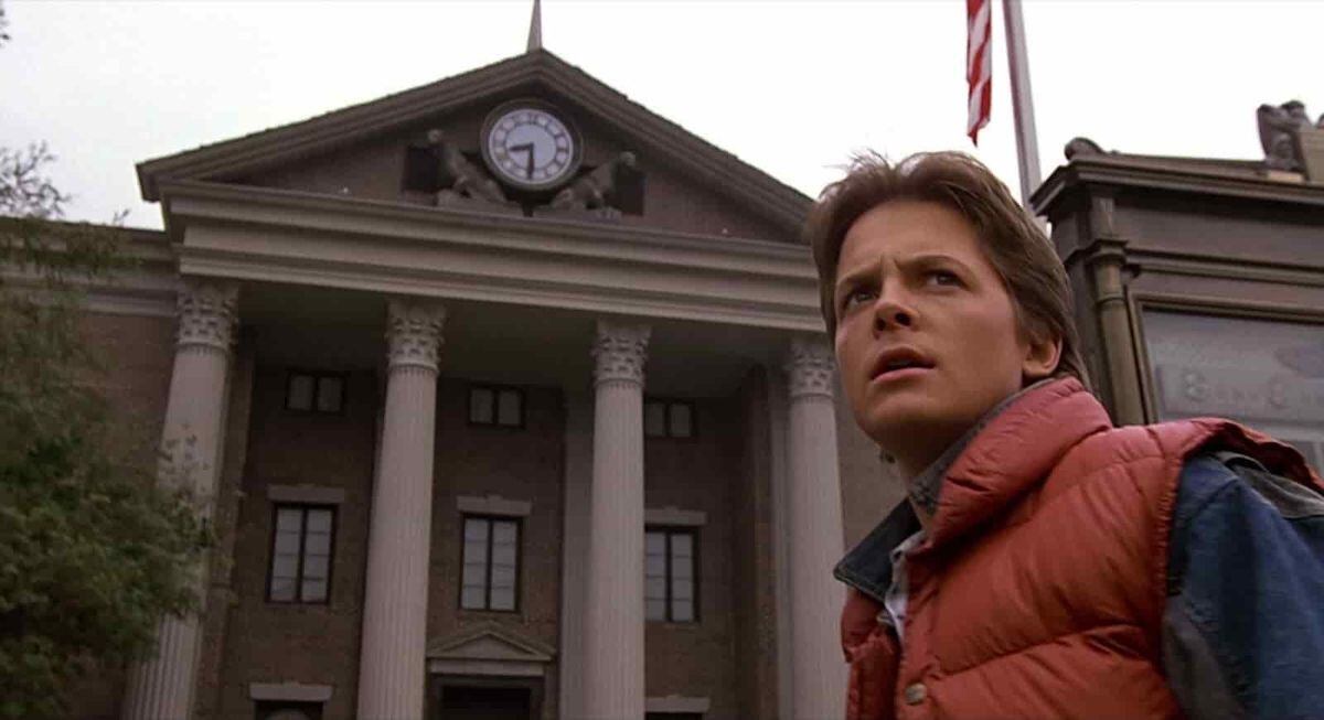 Michael J Fox as Marty McFly at the famous building in Back to the Future