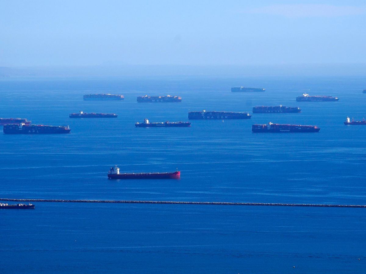 Cargo ships lined up outside the Port of Los Angeles
