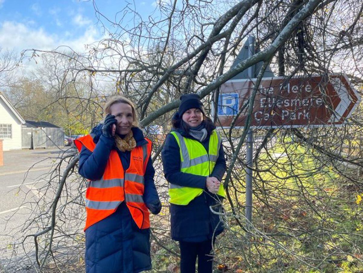 Helen Morgan and Liberal Democrat Sarah Olney MP reporting trees on the roadside of Ellesmere