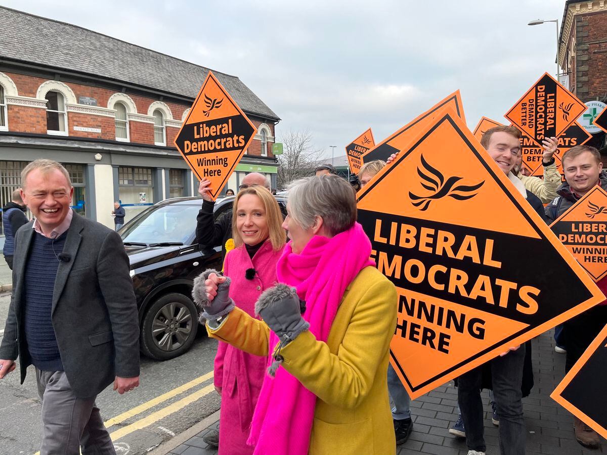 Helen Morgan and supporters in Oswestry today