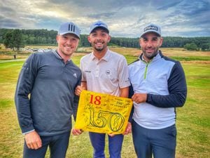 Staffordshire’s Richard Mansell is dreaming of a dream draw alongside his all-time golfing hero Tiger Woods after qualifying for the 150th Open at St Andrews next month. Burntwood-based Mansell, left, is pictured alongside Marco Penge and Oliver Farr, who also qualified for St Andrews at final qualifying at the Hollinwell Golf Club, in Nottinghamshire this week. Full story: See Page 52.             Picture courtesy Jamie Weir/Sky Sports News/Twitter.