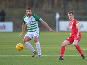 Ryan Astles of TNS battles for the ball with Chris Venables of Bala during the JD Cymru Premier League Picture credit: Mike Sheridan/Ultrapress
