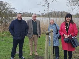 Councillor Paul Goulbourne, Geoff Elner, Joan Mowl, and Anne Wignall at the tree planting ceremony