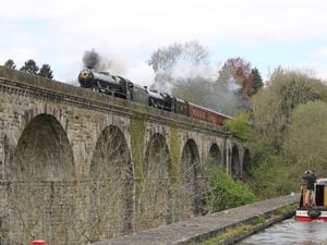The locomotives and the narrowboat on Chirk viaduct and aqueduct
