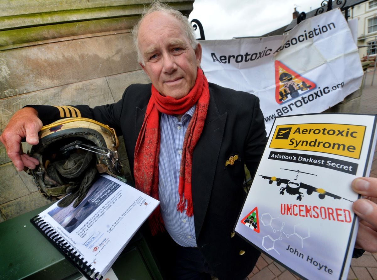 BORDER COPYRIGHT SHROPSHIRE STAR STEVE LEATH 24/06/2021..Pic in Oswestry of former Pilot: John Hoyte. He is on the campaign and has written a book about Aerotoxic Syndrome that pilots get from breathing in toxins from the recirculated air in planes. He used to fly in Shropshire, spraying the crops..