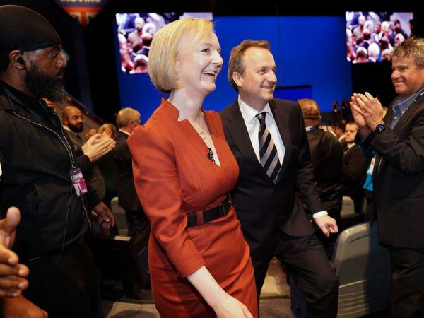 Prime Minister Liz Truss with her husband Hugh O'Leary after delivering her keynote speech at the Conservative Party annual conference at the International Convention Centre in Birmingham. Photo: Jacob King/PA Wire