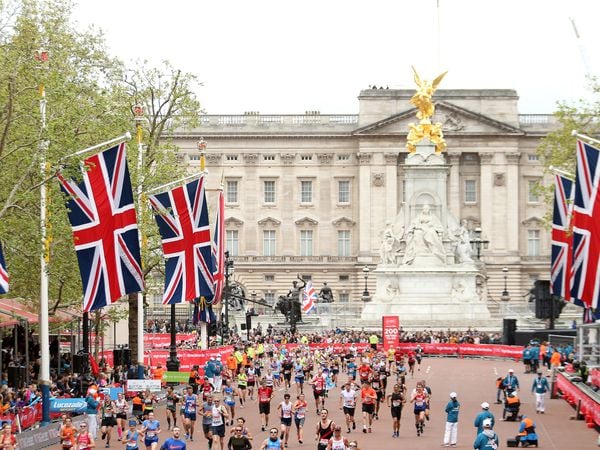 Runners approaching the finish line of the 2019 London Marathon