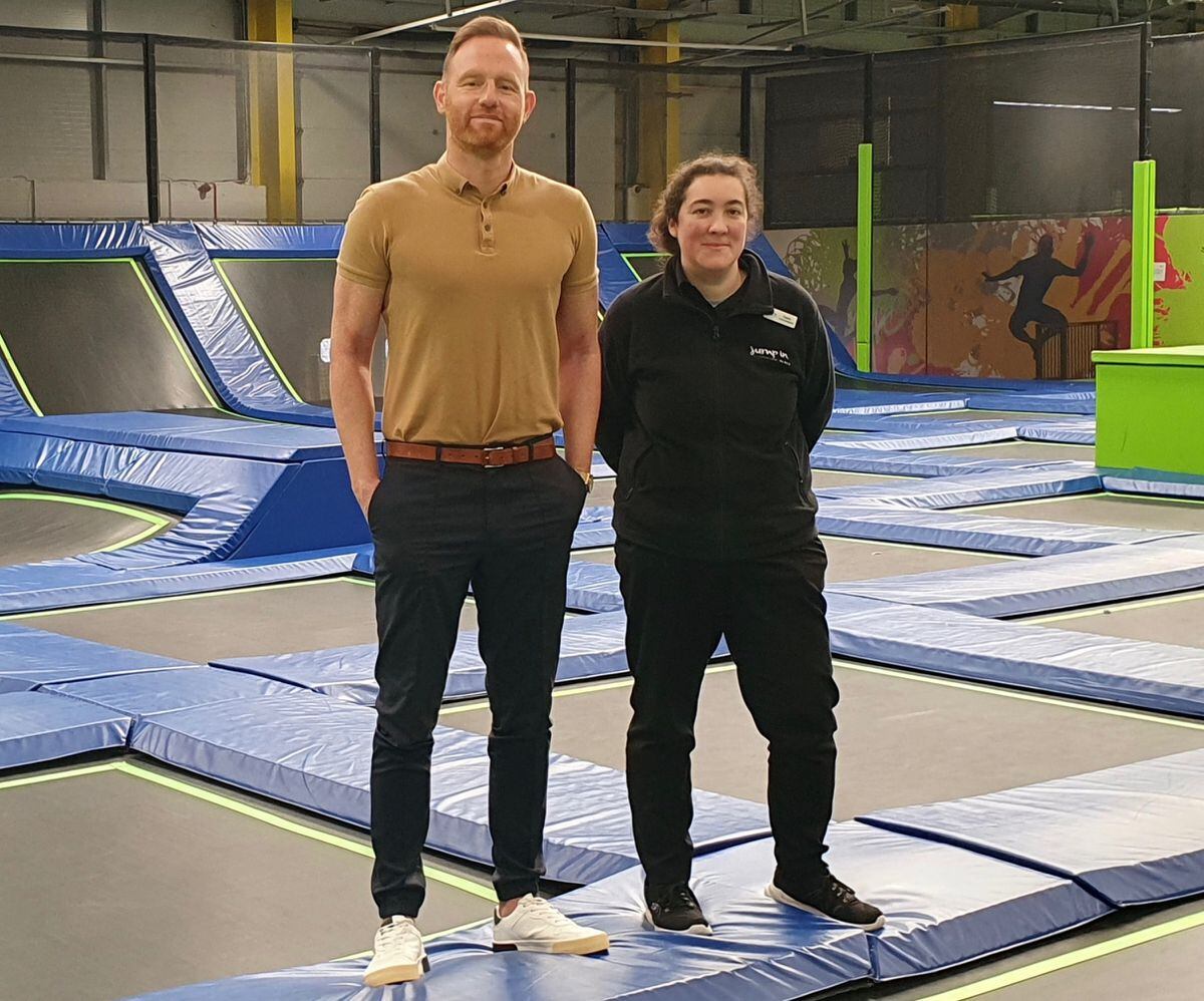 Gavin Cowan, managing director of Crossbar Education in Sport, and Carrie Lewis, customer sales manager for Shrewsbury’s Jump In trampoline park.
