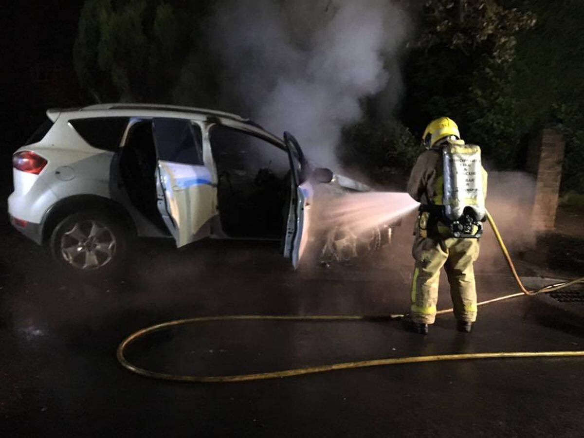 Car fire pictures by Market Drayton Fire Station
