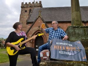 LAST COPYRIGHT SHROPSHIRE STAR STEVE LEATH 27/04/2022..Pic in Albrighton at St Mary Magdalene Church, of Josie and Phil Fisher (from the village), getting ready for the upcoming Beer and Music festival (20, 21st May)..