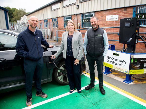 Councillor Carolyn Healy joins FSP’s managing director Wayne Carter (left) and chairman, Richard Hilton for the official unveiling of the new EV charging points available for the local community 
