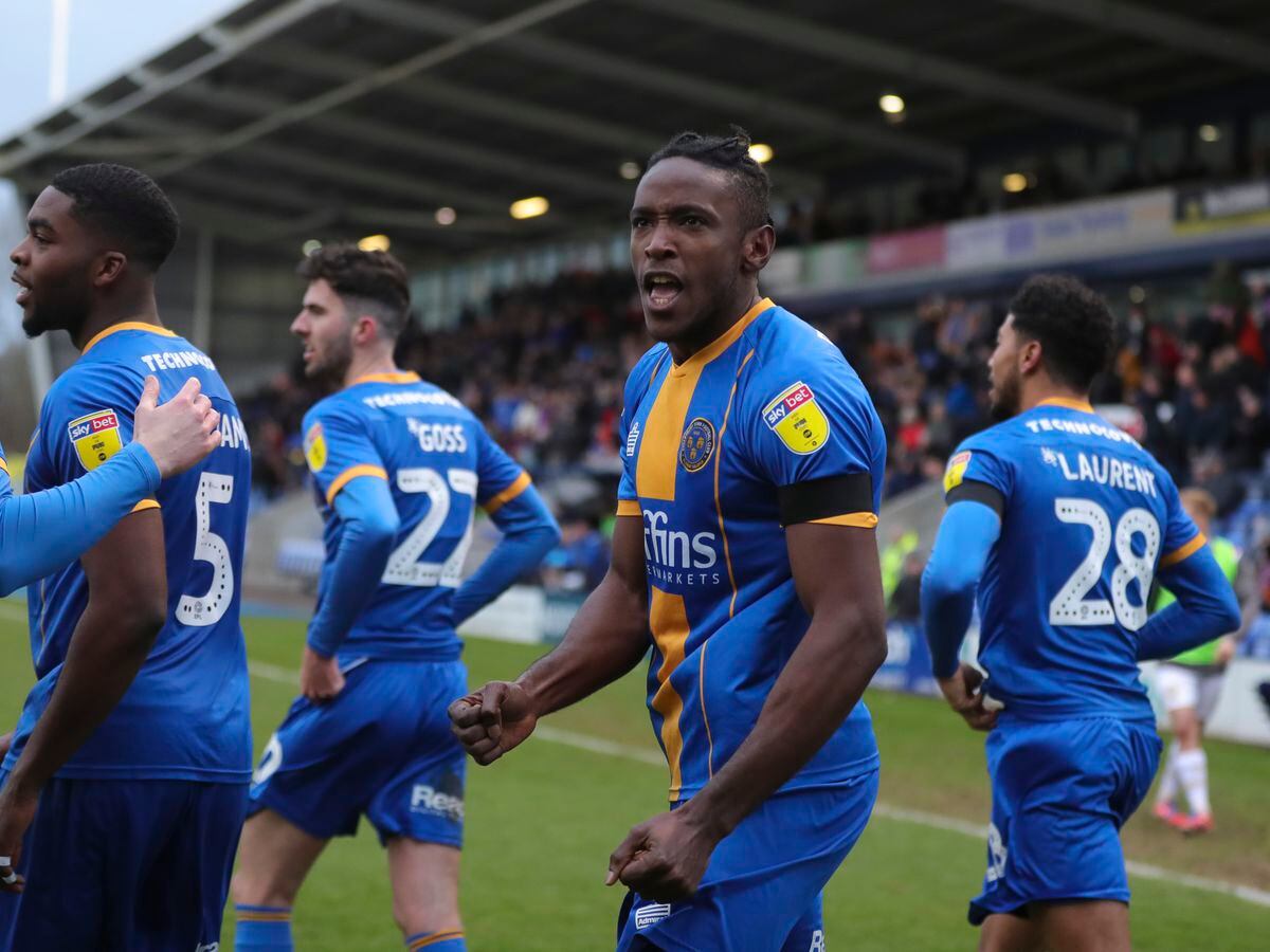 Omar Beckles of Shrewsbury Town celebrates after scoring a goal to make it 1-0 (AMA)
