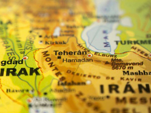 Close-up of the orographic map of Iran with Tehran at the centre