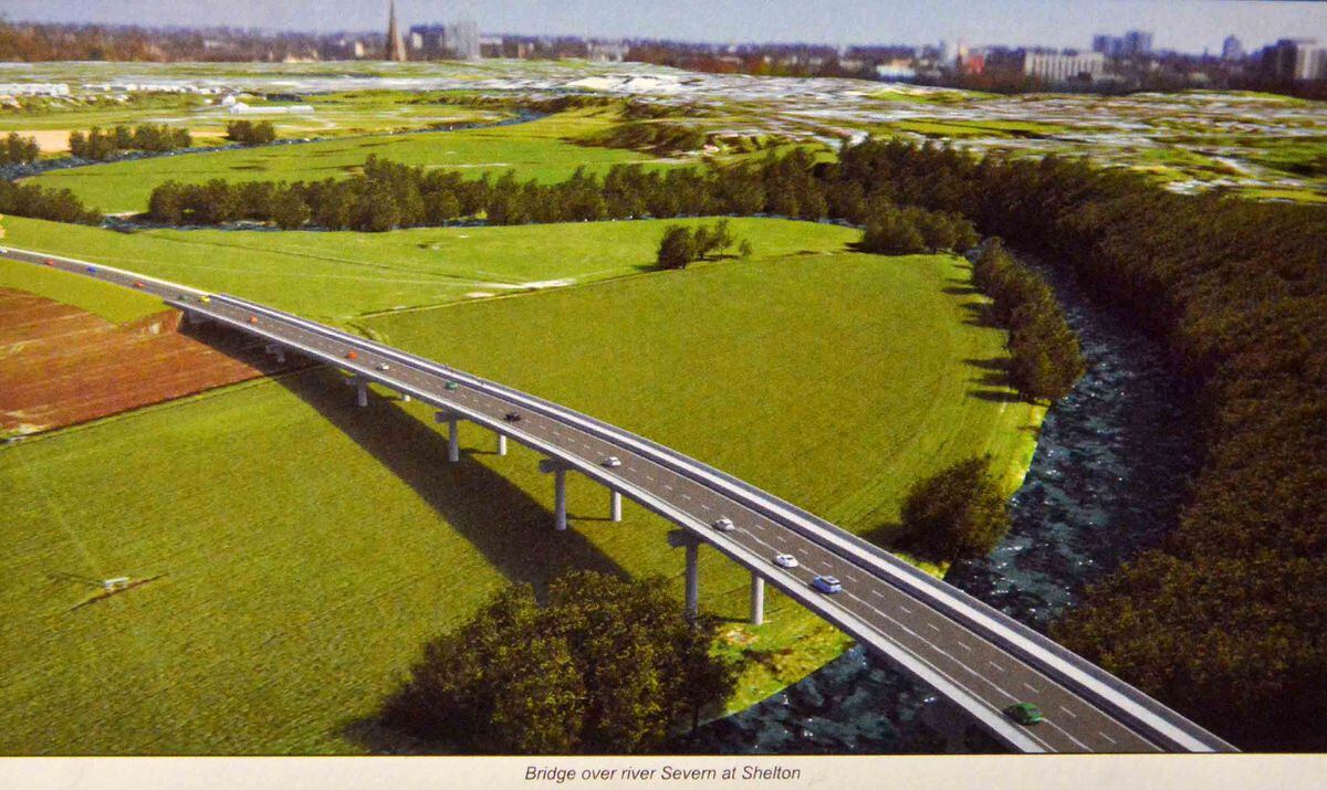Artist's impression of the North West Relief Road over the river Severn at Shelton