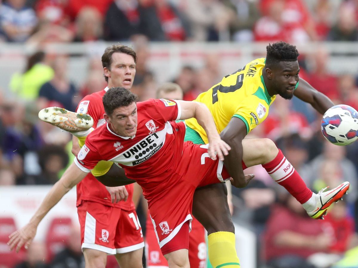 Daragh Lenihan of Middlesbrough and Daryl Dike of West Bromwich Albion during the Sky Bet Championship between Middlesbrough and West Bromwich Albion at Riverside Stadium on July 30, 2022 in Middlesbrough, United Kingdom. (Photo by Adam Fradgley/West Bromwich Albion FC via Getty Images).