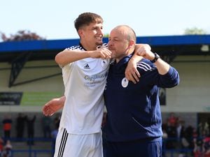Paul Carden the manager of AFC Telford United celebrates at full time with goalscorer Keaton Ward of AFC Telford United.