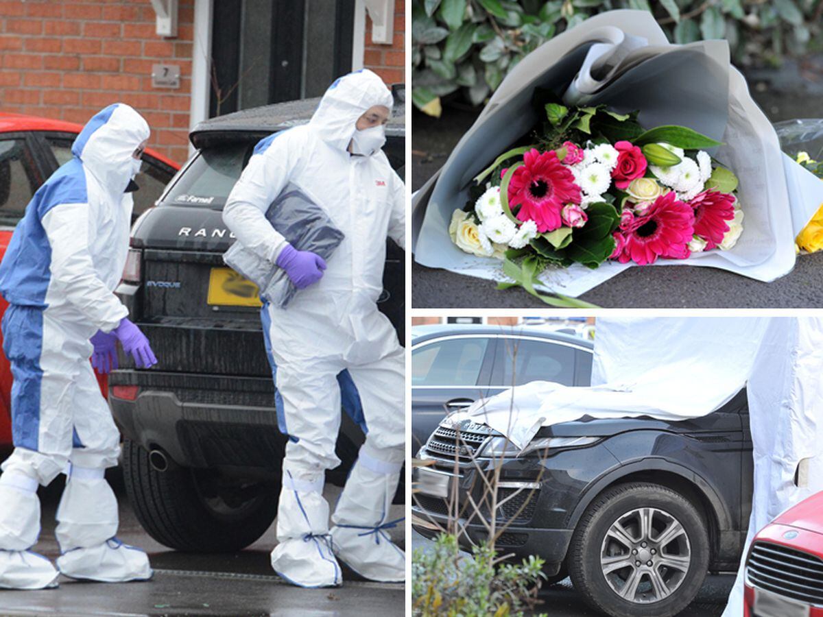 Forensic officers, flowers and a police tent at the murder scene in Newport