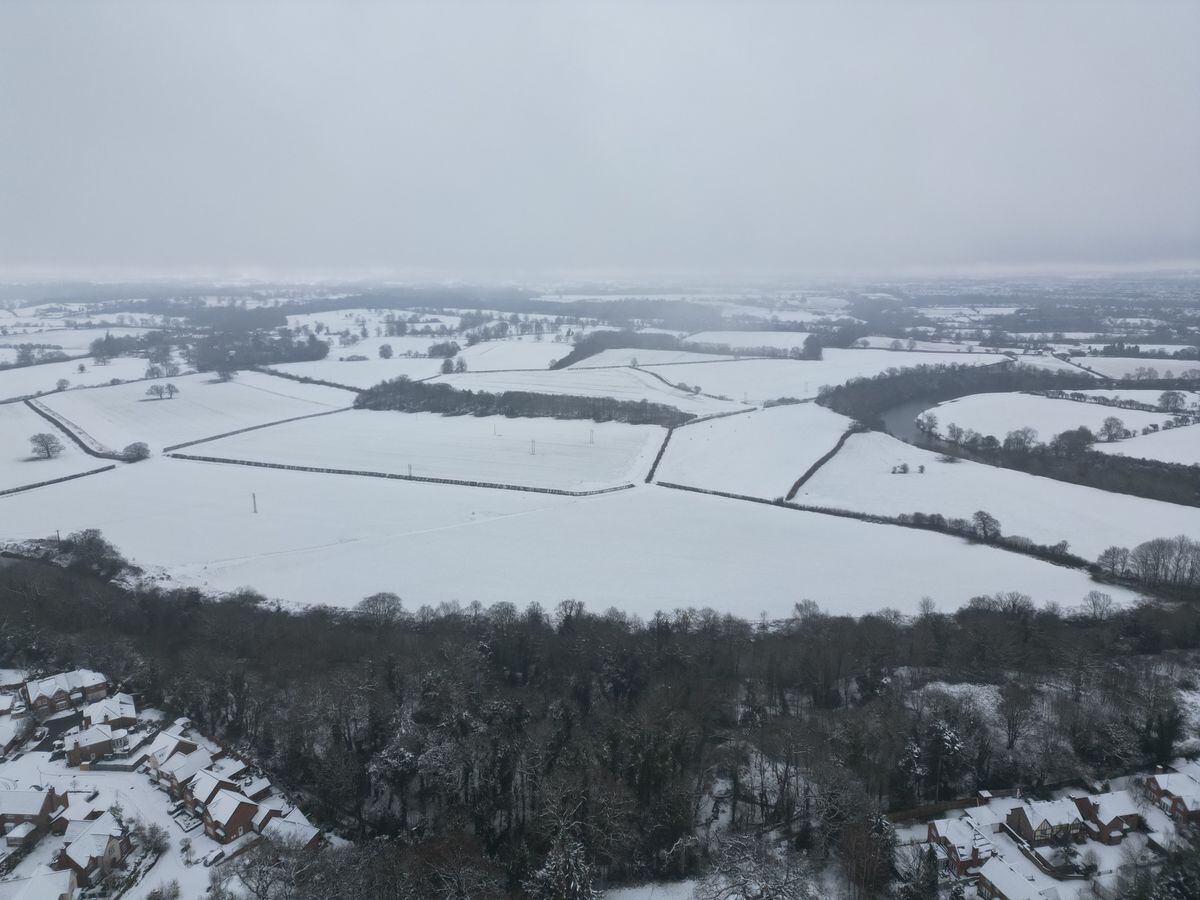 Drone photos show the white fields just out of Shrewsbury. Photo: Ross Jones