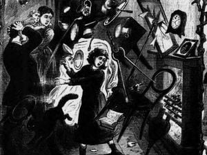 An image from Illustrated Police News purportedly featuring Emma Davies displaying 'supernatural' power. 