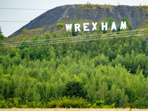 A large sign for Wrexham, in the style of the Hollywood sign in Los Angeles, USA, installed on the Bursham Bank. It has since been removed