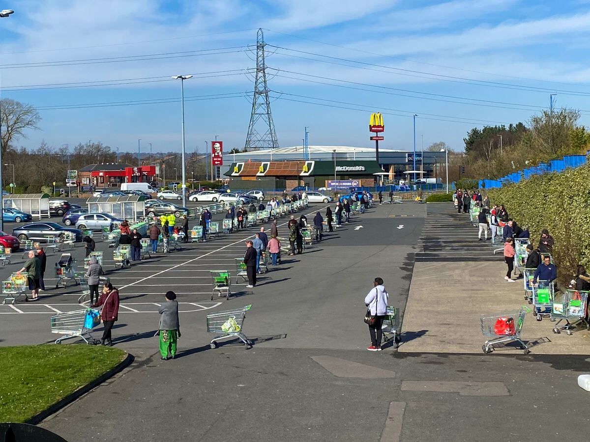 Shoppers kept their distance at Asda in Great Bridge but people were congregating elsewhere over the weekend. Photo: John Kennett