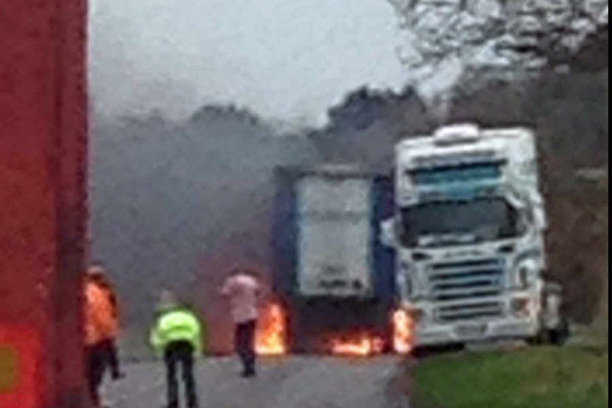 PICTURED: Water lorry bursts into flames on busy A49