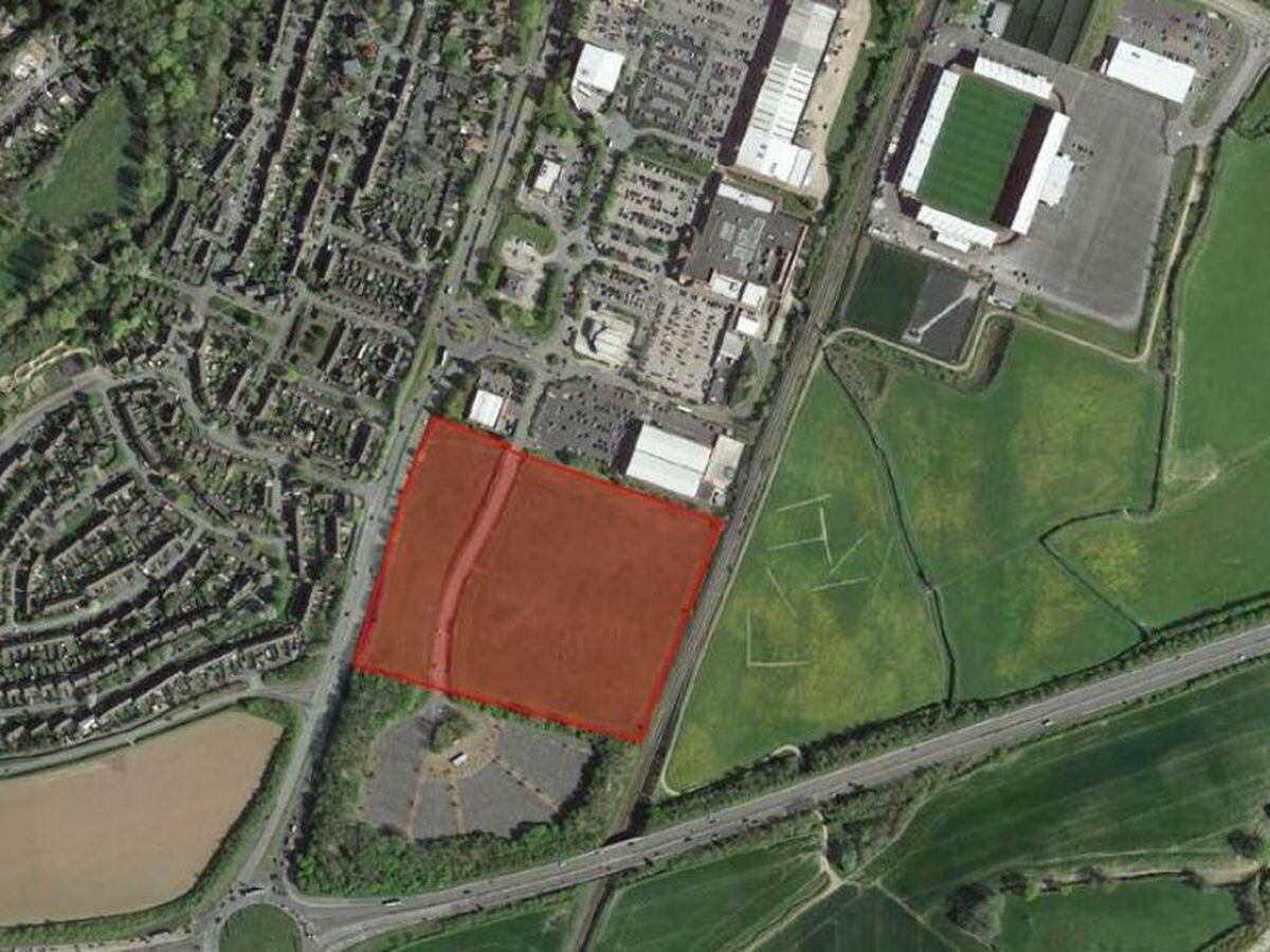 An aeriel view of where the homes are planned for between Home Bargains and Meole Brace Park and Ride