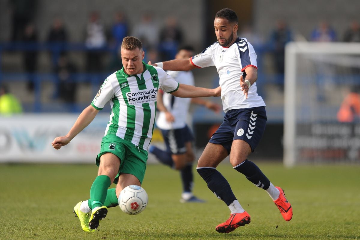 Alex Nicholson of Blyth and Brendon Daniels of AFC Telford during the Vanarama National League North fixture between AFC Telford United and Blyth Spartans at the New Bucks Head