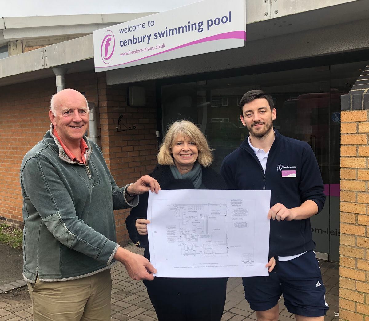 Tenbury Community Pool director Adrian Taylor, Harriett Baldwin MP and Tom Mansfield, leisure centre manager, with the plans.