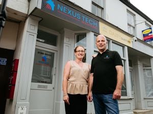 Katie and Richard Clarke of Nexus Tech Solutions outside their Market Drayton office