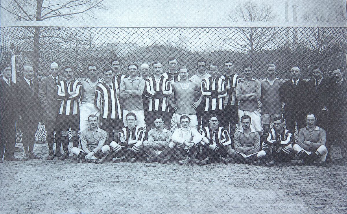 Steve Bloomer, eighth from top left, pictured ahead of his farewell match at Ruhleben prison camp in 1918