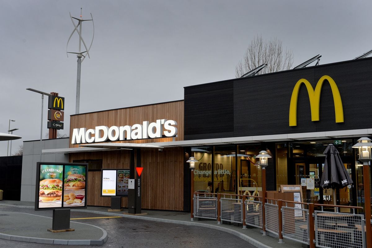 The UK's first net zero emissions McDonald's restaurant in Market Drayton, which has a drive-thru lane made from used tyres.