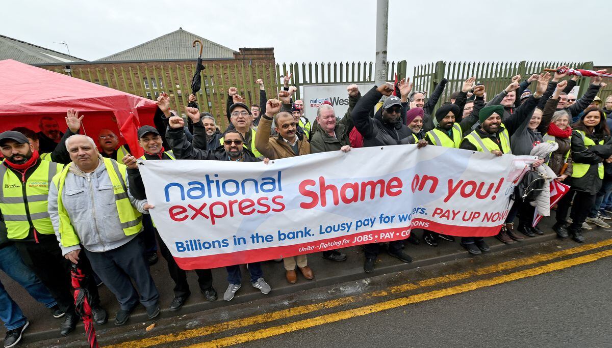 Dozens of workers are out in force on the picket line at the National Express Wolverhampton garage on Park Lane