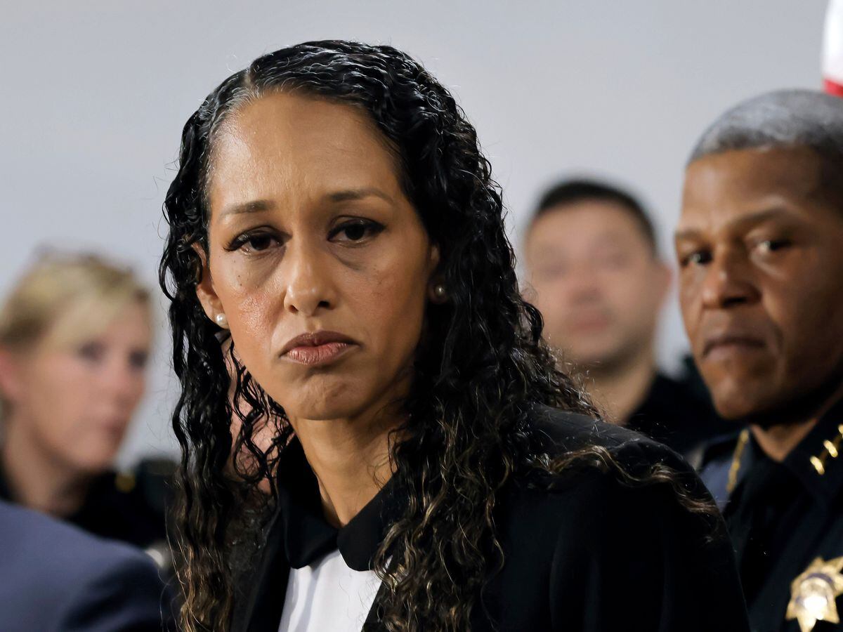 San Francisco District Attorney Brooke Jenkins announces the charges against David DePapp during a news conference with San Francisco Police Chief Bill Scott, right, Monday, Oct. 31, 2022, in San Francisco