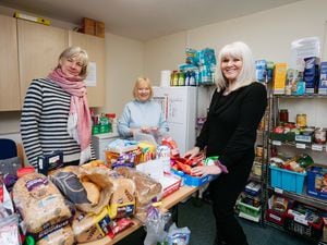 NORTH COPYRIGHT SHROPSHIRE STAR JAMIE RICKETTS 10/01/2023 - Ellesmere Food Bank - A new food bank was set up on 10th December 2022 as is now based out of "Our Space" in Ellesmere. In Picture L>R: Helen Minton, Dee Hamilton and Penelope Harrison.