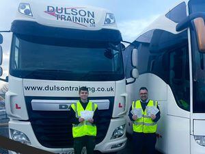  Jed Norgrove (Cat C+E) on the left and Josh Hazell (Cat C+E and D+E) displaying their DVSA vocational test pass certificates.