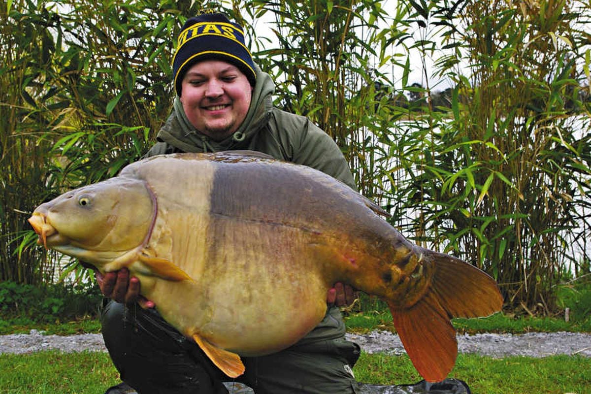 Gotcha! Angler Chris Holland proudly poses with recordbreaking carp Jonah, who was later placed back in the lake in Shropshire.