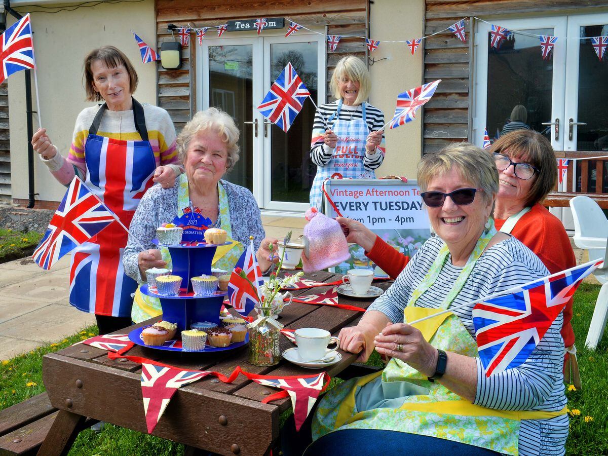 Edgmond Village Hall's vintage tea room is ready for a royal celebration. From left: Dianne Wainwright, Ann Parton, Pat Handley, Janis Blinkhorne and Laurie Norton