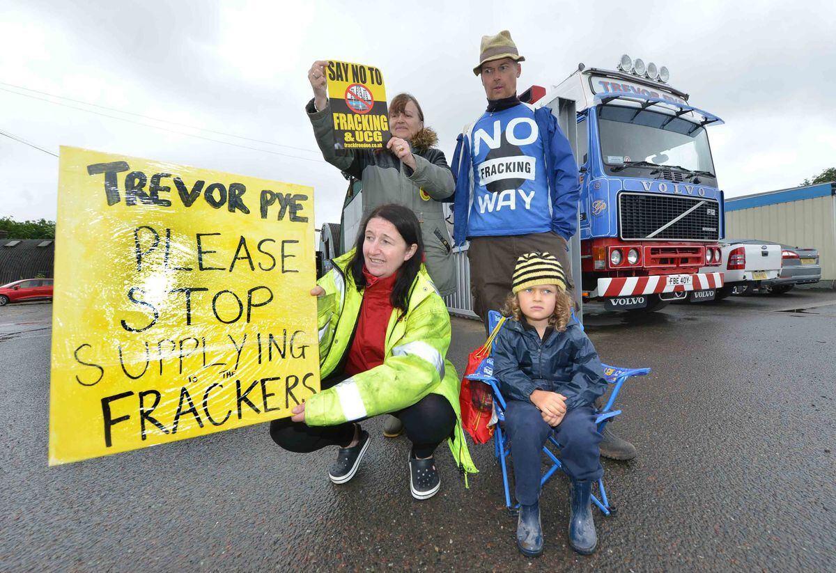 Anti-fracking protesters gather outside Trevor Pye Transport on Wem Industrial Estate