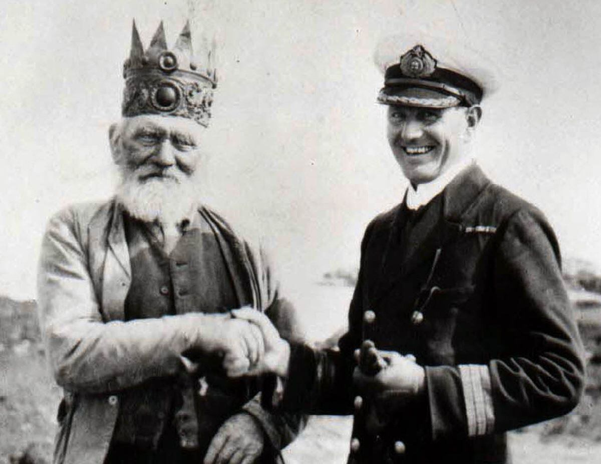 Love Pritchard, left, the king of Bardsey Island, pictured in 1925 with a Captain Jarret of Trinity House. 