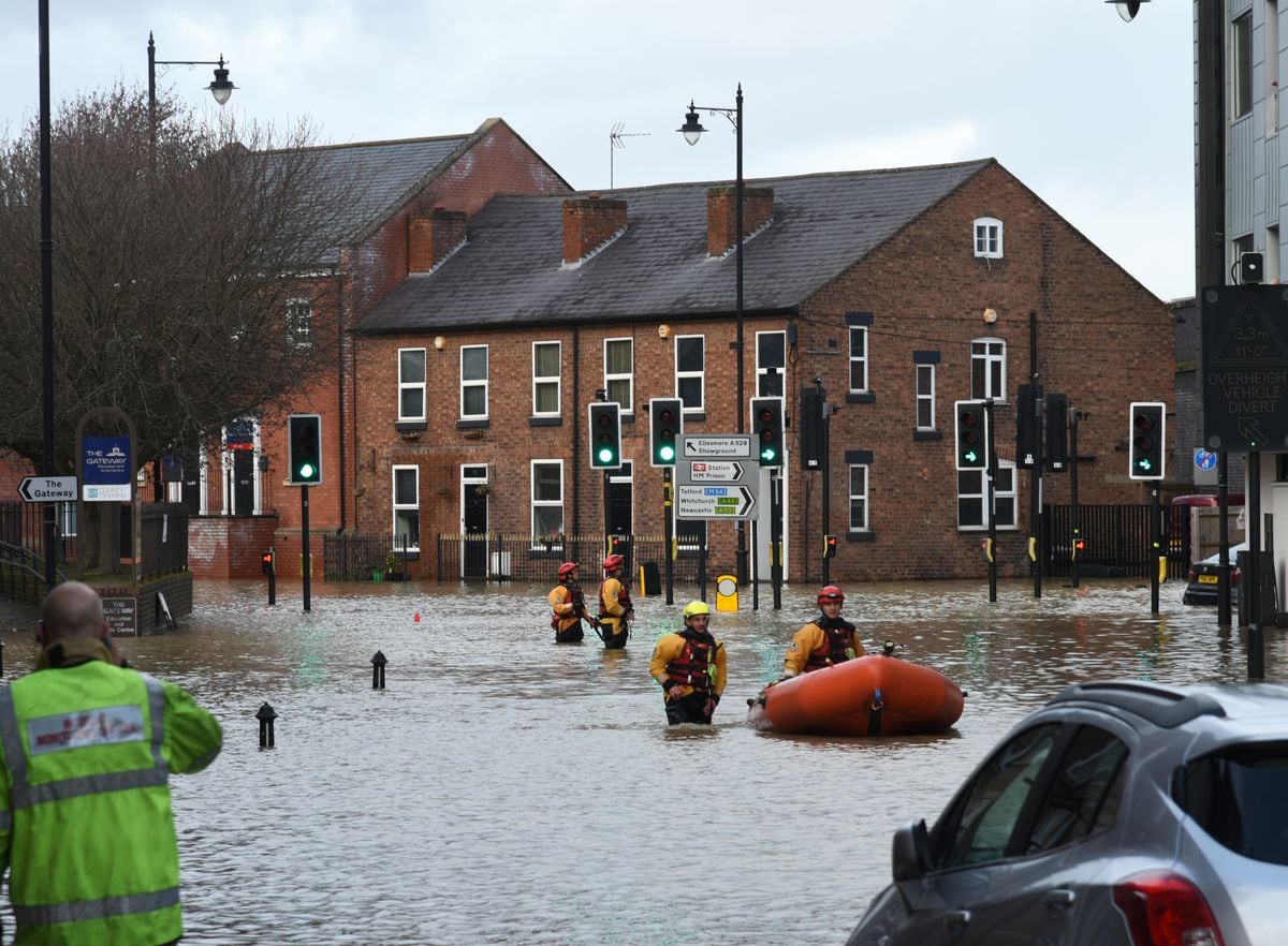 Flooding in Chester Street, Shrewsbury, on Monday afternoon. Photo: Russell Davies