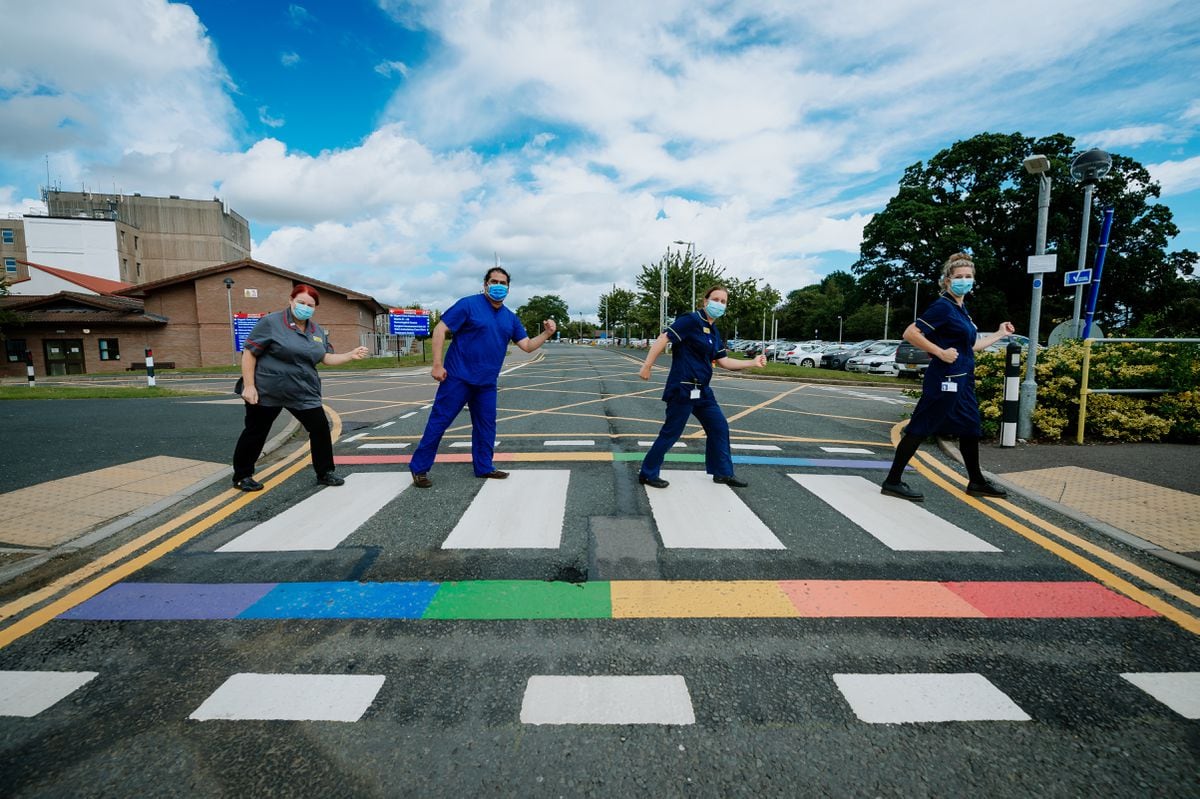 Ruth Smith, Hamza Ansari, Teresa Cole and Angela Windsor unveil the new rainbow crossing at Royal Shrewsbury Hospital