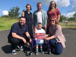 Vicki Thomas, Andy Morris and Rebecca Gittins, of Lanyon Bowdler, with Curtis Langley of The Movement Centre, left, and Clare Hollinshead, right, who will be supporting Jaxson during his superhero challenge