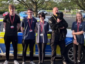Pictured with PC Neil Armstrong and police dog Alfie are Telford College public uniformed services students, from left, Alex Fletcher, Alex Daniels, Liam Johnson, Imogine Whittaker, Alyssa Walton and Crystal Neal.