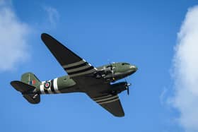 A vintage C-47 Dakota performs a flypast over Bedford crematorium as the funeral service for Sir Tom Moore takes place (Photo by Leon Neal/Getty Images)
