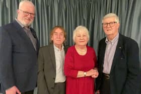 Caption: Rotarian Colin Sharp, Rotarian David Morris, Mary Stott of Minsterley Eisteddfod and Rotarian Alun Humphreys. Mary was visiting the club to express gratitude to members for their on-going support which she described as ‘absolutely wonderful’.