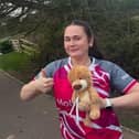 Grace Ashwell in training with Molly Ollys mascot Olly The Brave along for the ride.